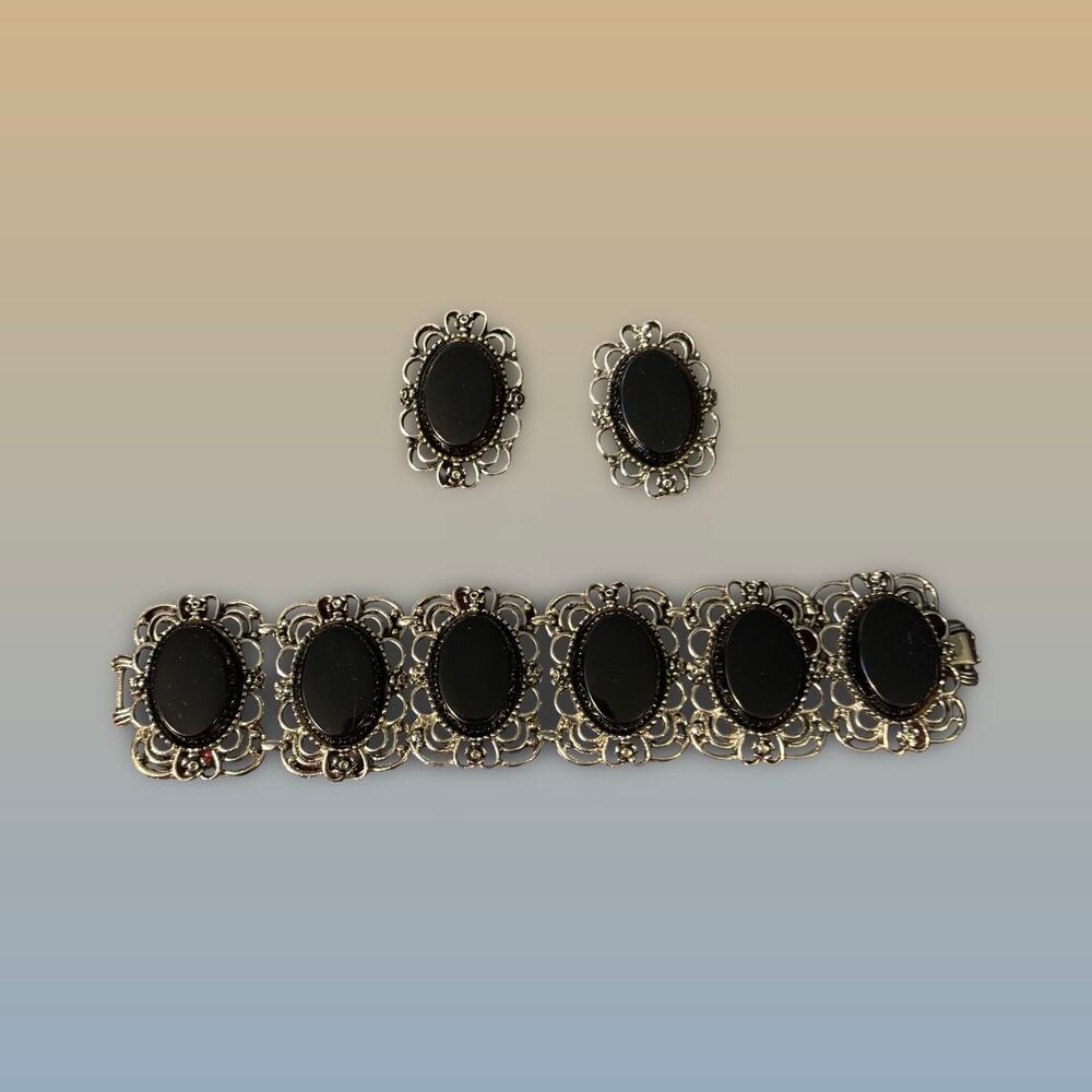 Vintage Emmons Bracelet & Earrings Set – Black Stone, Silver Tone